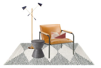Cover of Cozy Reading Corner Decorating Ideas  featuring a lounge chair, geometric throw pillow, end table, area rug, and mid-century floor lamp.