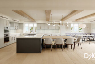 Un proyecto de diseño de interiores de los Cayos de Florida que muestra un espacio de cocina y comedor con vigas de madera de color arena y un acogedor rincón.