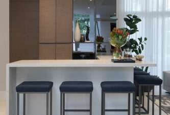 An interior design residential project featuring a custom L- shaped home bar by DKOR Interiors.