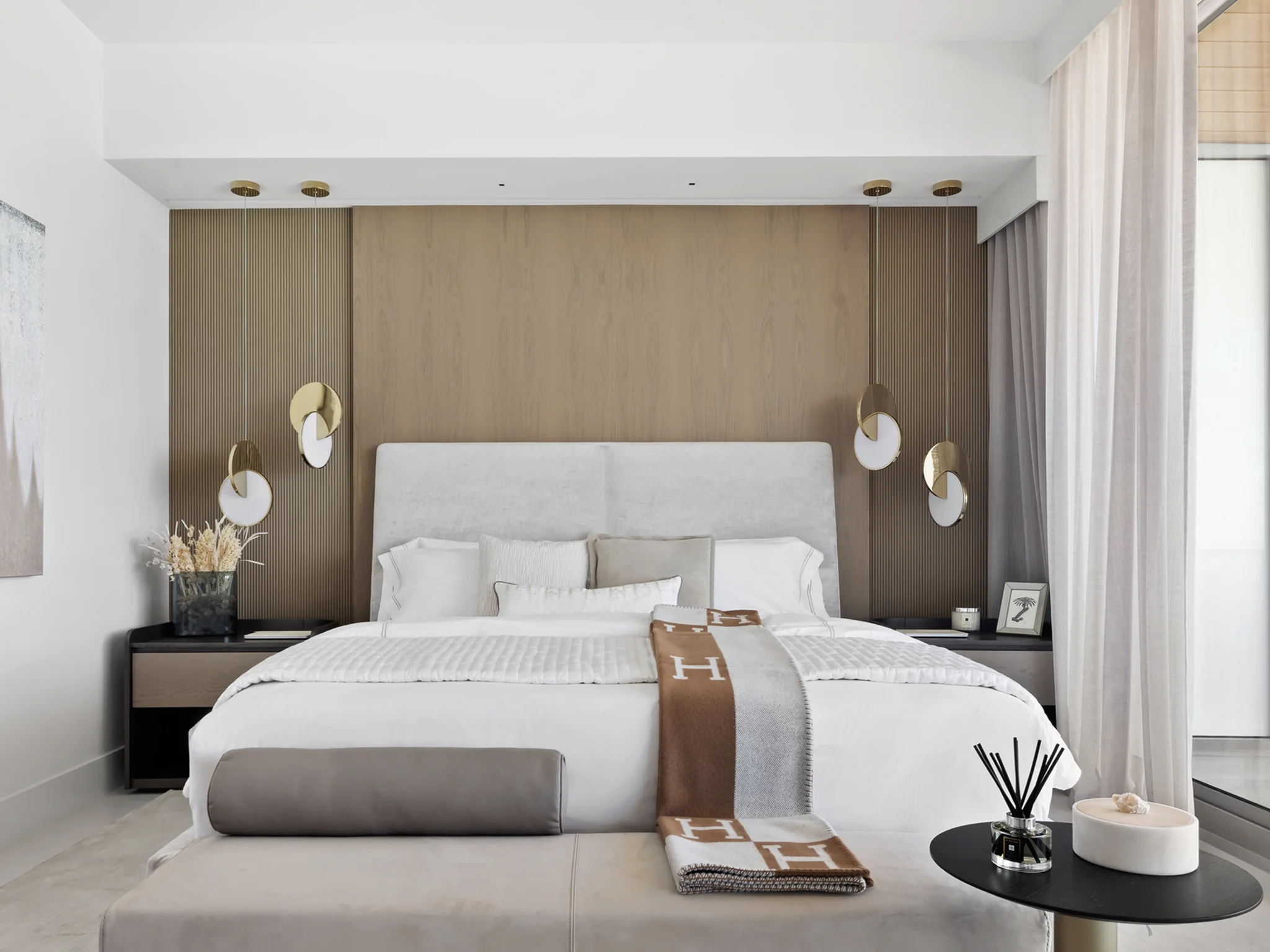 Bedroom Interior Design with Elegant Custom Headboard Wall in a Condo in Miami