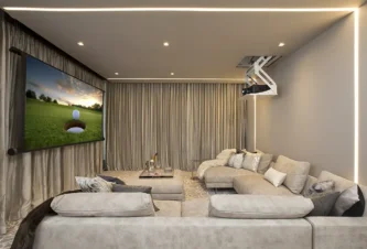 Luxury and Cozy Home Theater Design with Window Treatments