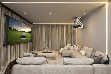 Luxury and Cozy Home Theater Design with Window Treatments