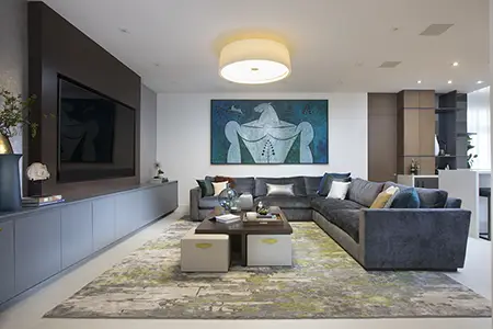 Open Floor Media Room Design with Accent Art Piece