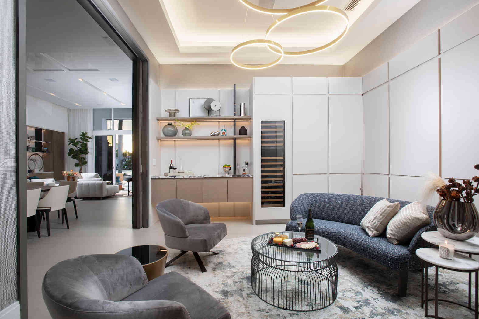 lounge, living room, gray sofa, velvet chairs