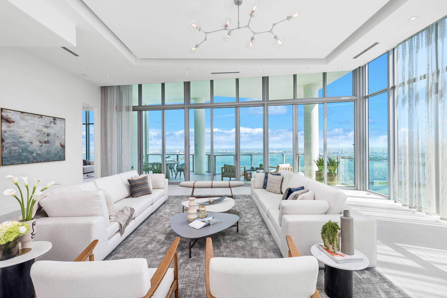 beach condo, ocean view, white furniture, modern family room, sophisticated, biscayne beach