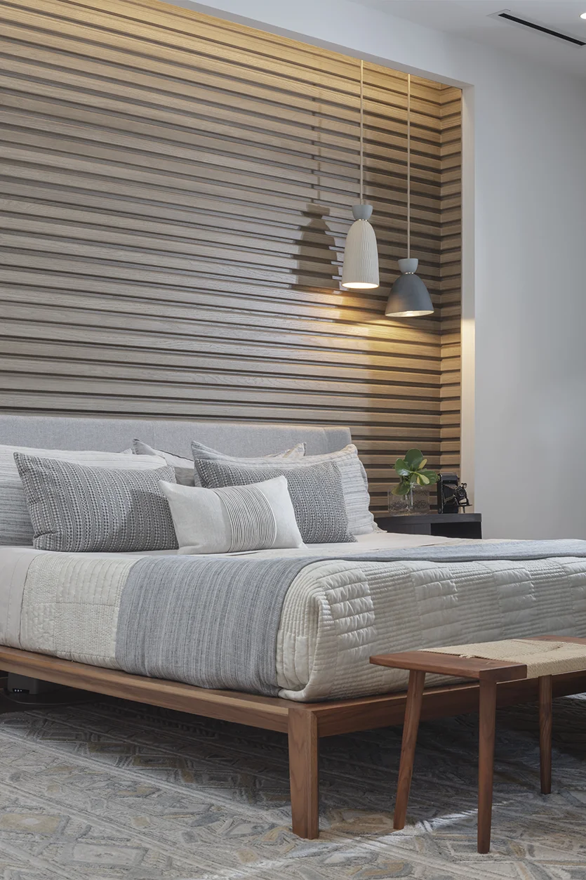 Close-up of the Headboard in a Luxury Modern Industrial Master Bedroom Designed by a Fort Lauderdale Firm