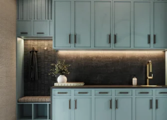 Mudroom in Miami home featuring blue cabinets and black-and-white flooring
