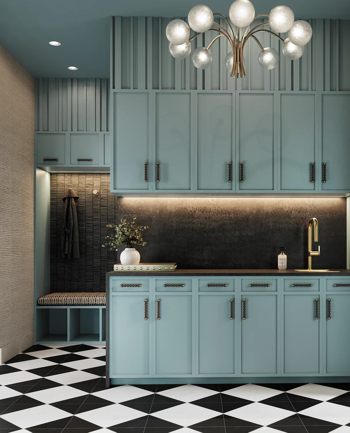 Mudroom in Miami home featuring blue cabinets and black-and-white flooring
