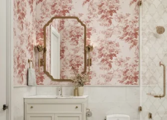 Powder room in Miami home featuring flower-inspired wallpaper