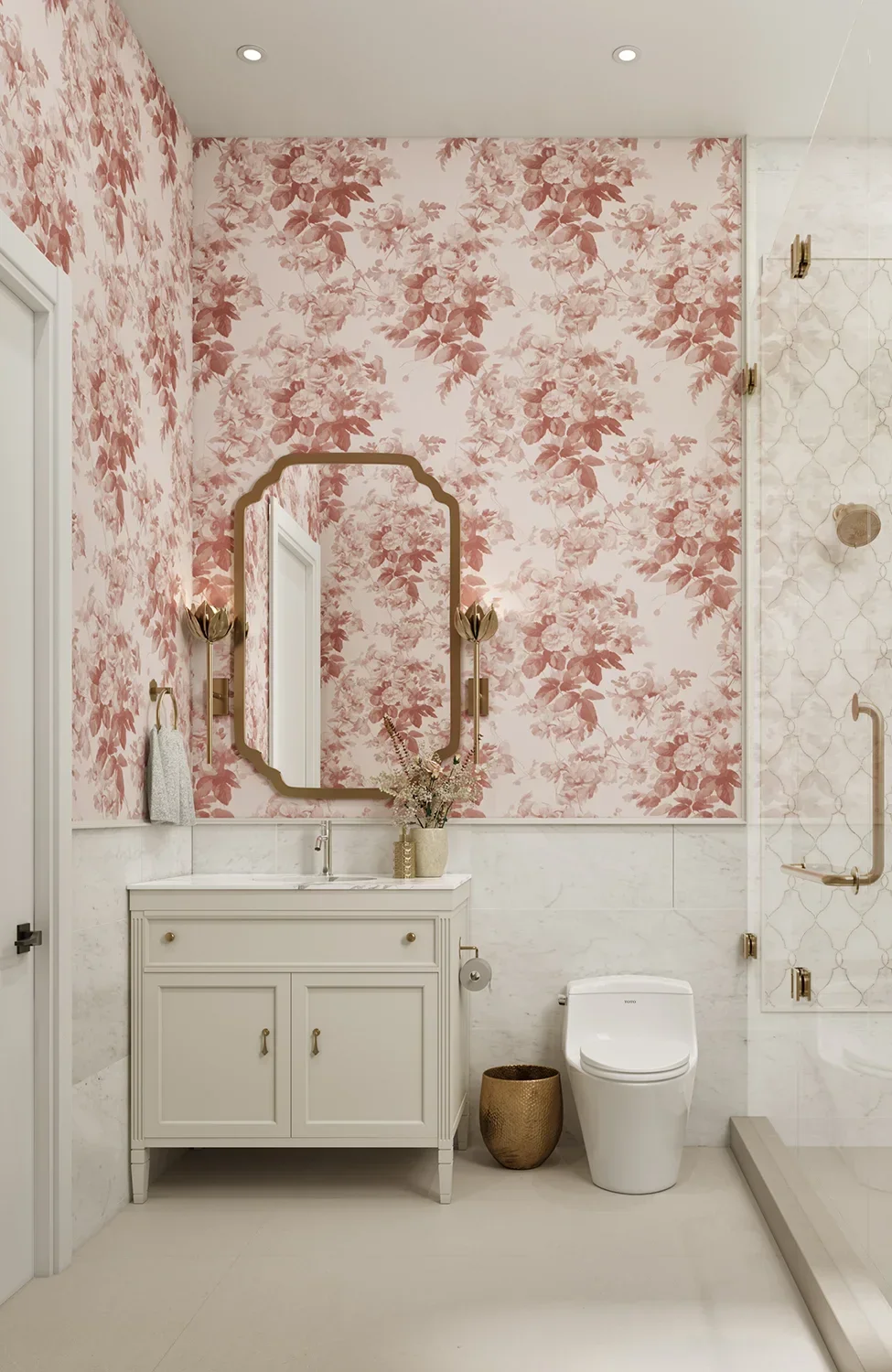 Powder room in Miami home featuring flower-inspired wallpaper