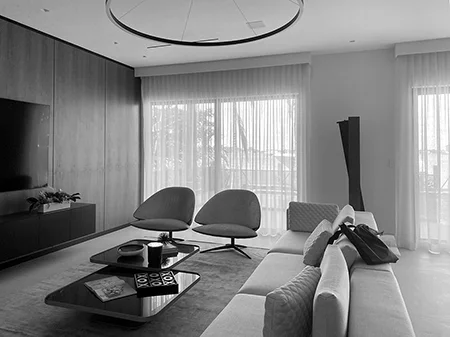 Existing conditions of living room space of a home in Bay Harbor Island