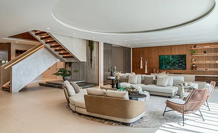 Bay Harbor Island home living room and stairs design in Miami after renovation by DKOR Interiors