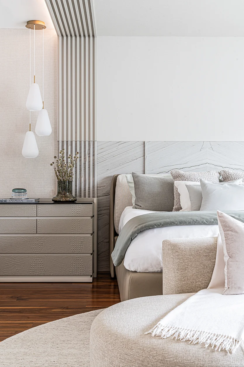 Detail of Bed in Serene, Luxury Master Bedroom – Bay Harbor Islands Home