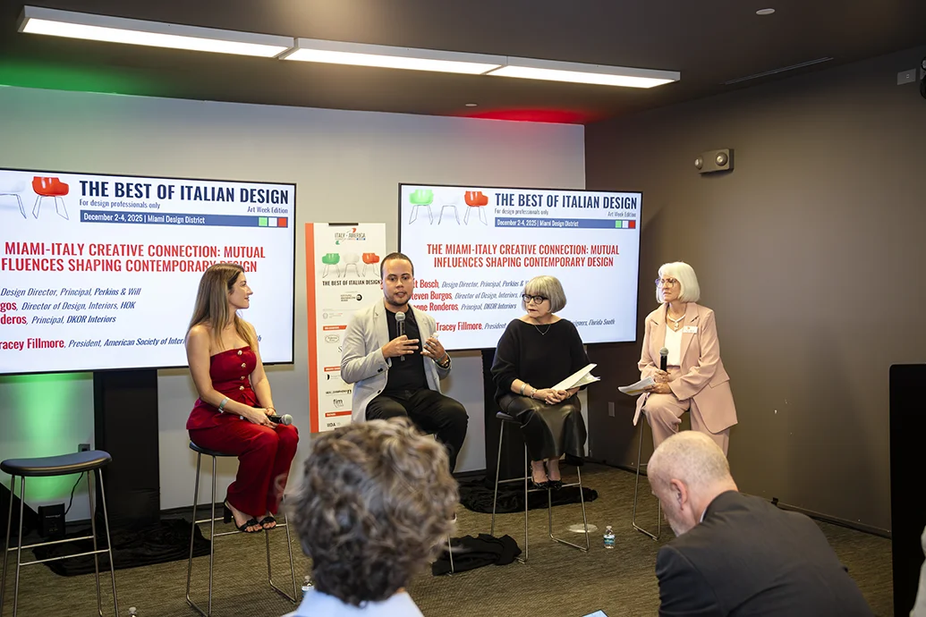 Interior design panelits including Ivonne Ronderos and fellow designers at ‘The Miami-Italy Creative Connection’ discussion