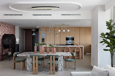 Luxury condo living room in Fort Lauderdale with colorful and creative interiors