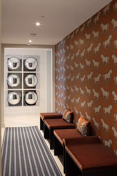 Colorful Hallway Interior Design with Unique Wallpaper Installation