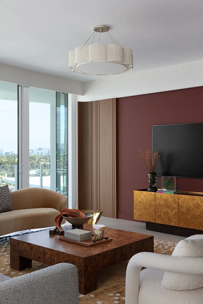 Fort Lauderdale condo living room showcasing unique color combinations by interior designers