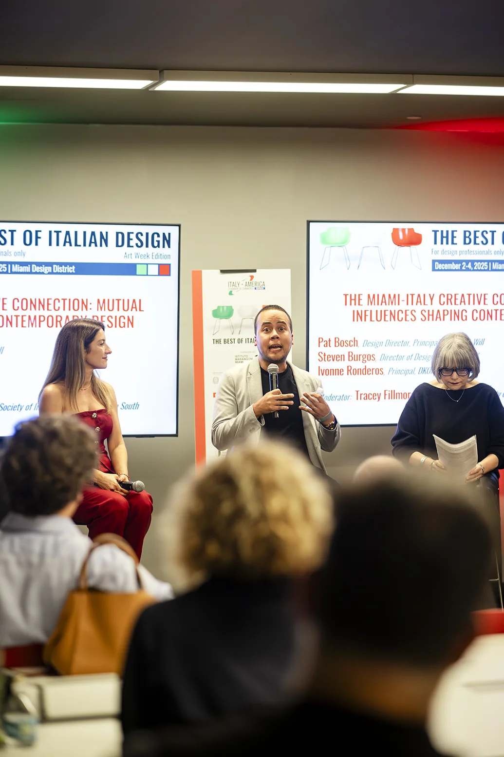 Interior design professionals sharing insights during the Italian design panel at Istituto Marangoni Miami