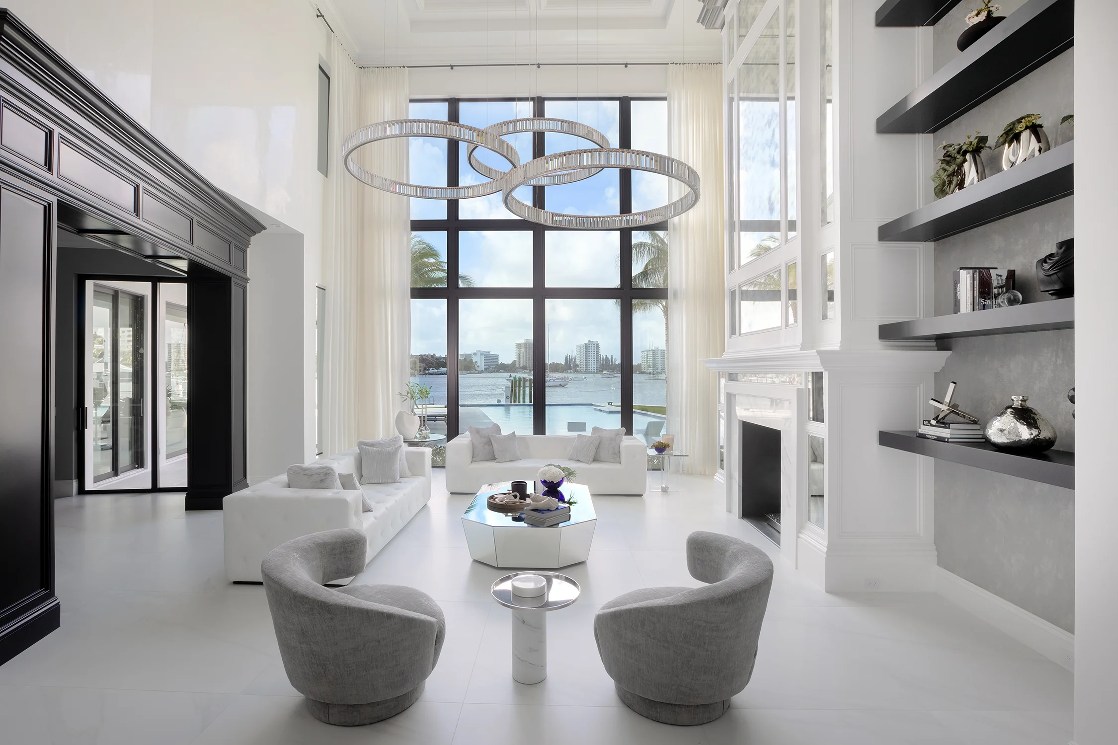 sala de estar, estantería, muebles modernos, ecléctico, monótono, condominio de playa, miami
