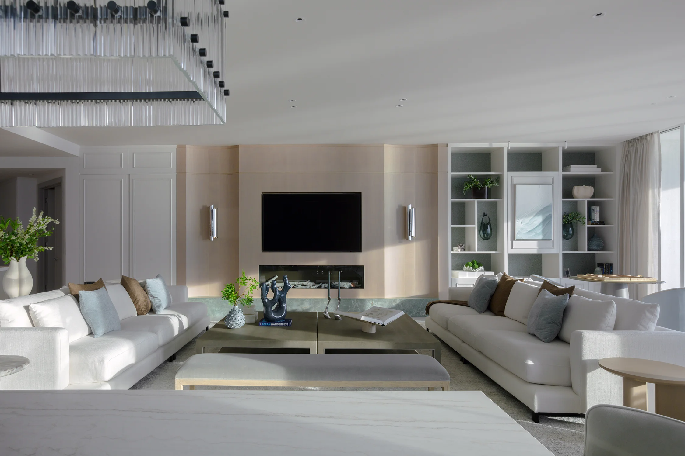 living room, bookshelf, modern furniture, eclectic, monotone, beach condo, miami