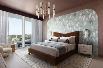 Creative ways to use wallpaper on a bedroom feature wall framed inside a large curved arch molding.