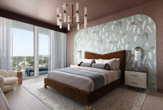 Creative ways to use wallpaper on a bedroom feature wall framed inside a large curved arch molding.