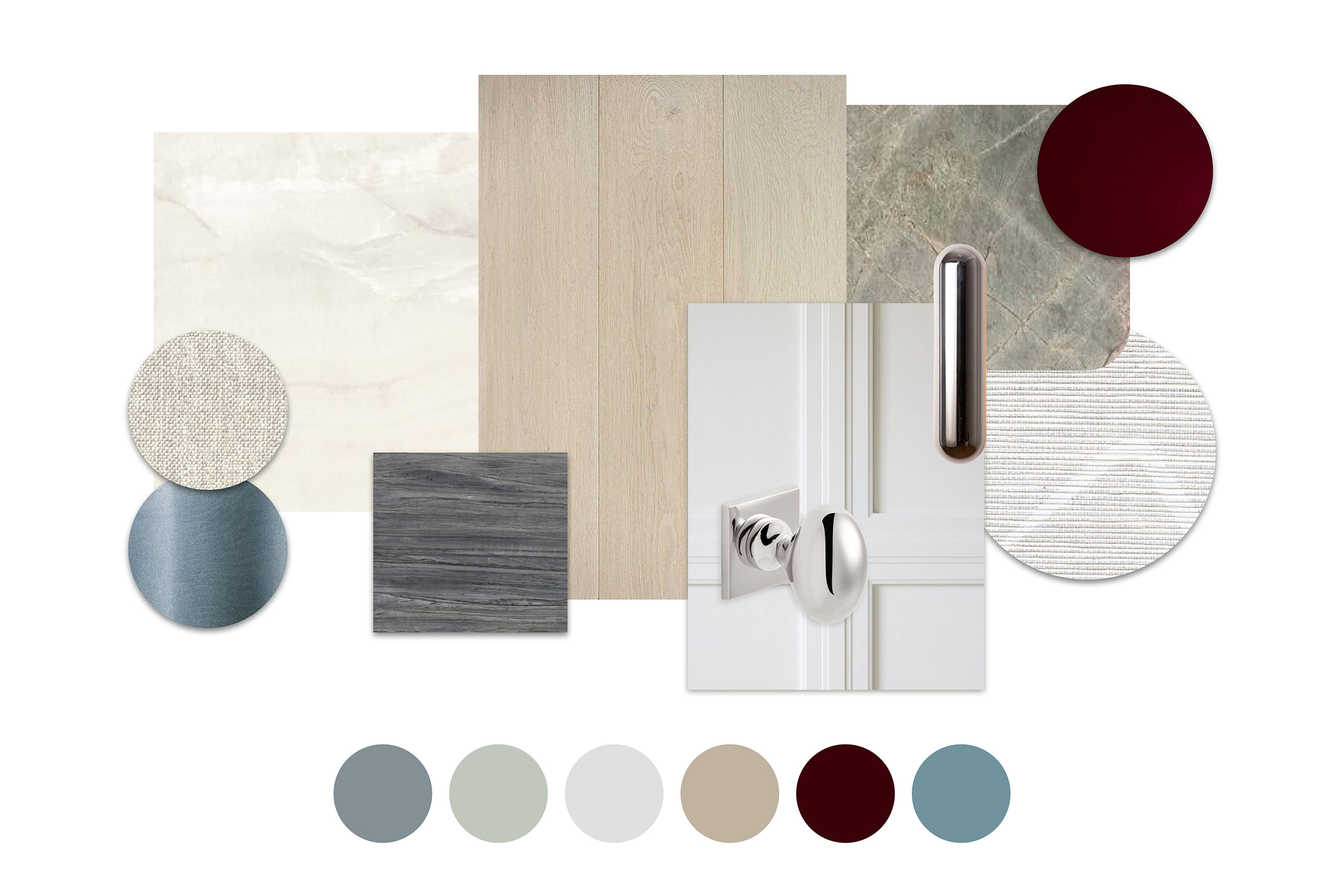 A sophisticated coastal interior design color palette featuring sage green, warm beige, and subtle burgundy accents.
