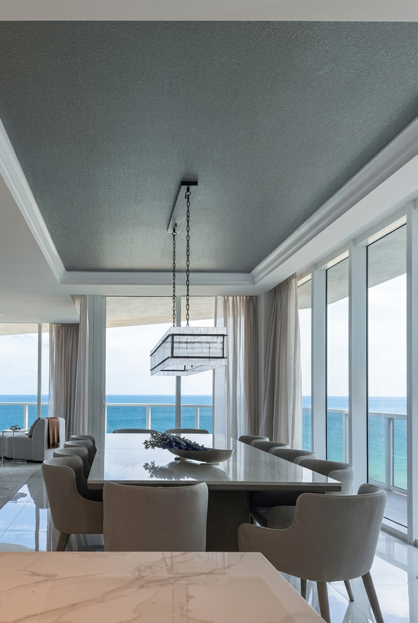 Dark wallpaper on ceiling defining a modern oceanfront dining room in a luxury Bal Harbour condo.
