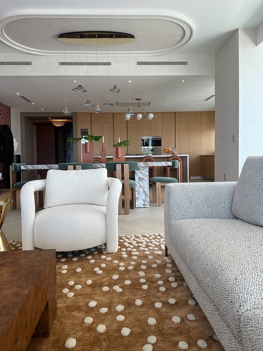 Textured wallpaper on ceiling within a curved recessed tray in an open-concept luxury residence.