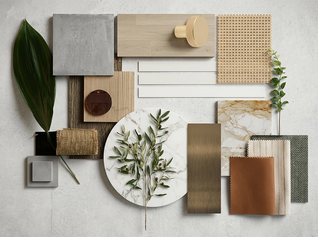 Interior design mood board of fabric, wood, stone, and wallpaper samples