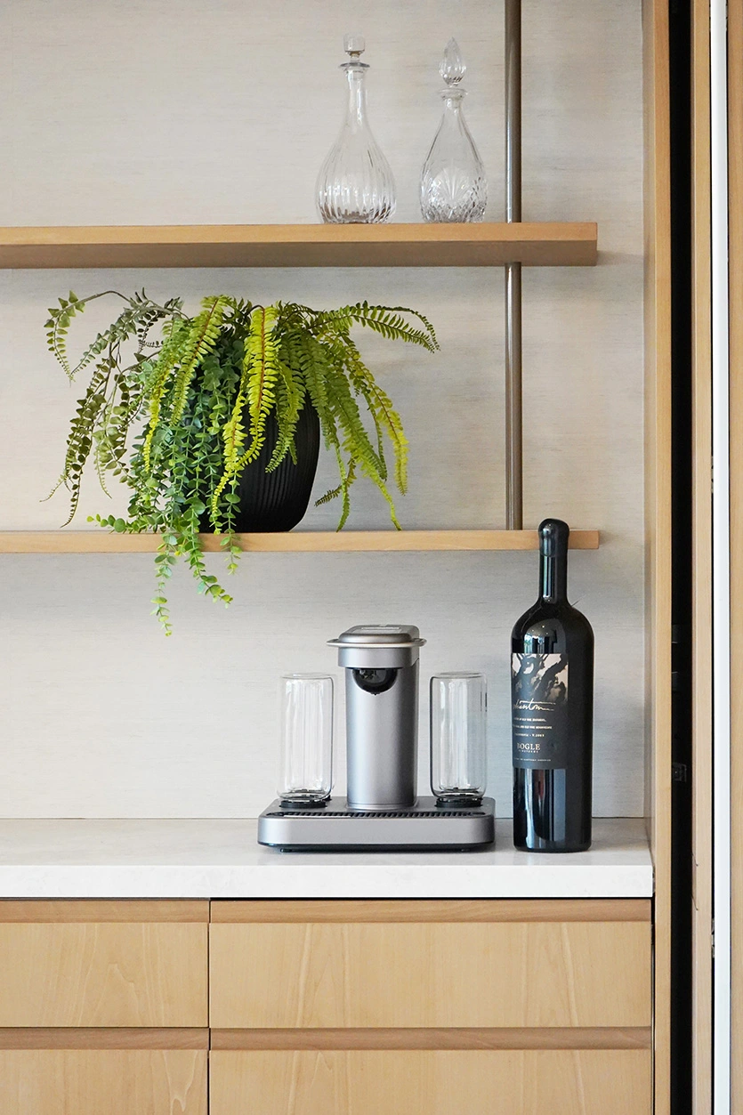 Open shelving detail in a family room bar area displaying a potted plant, glassware, and wine accessories.