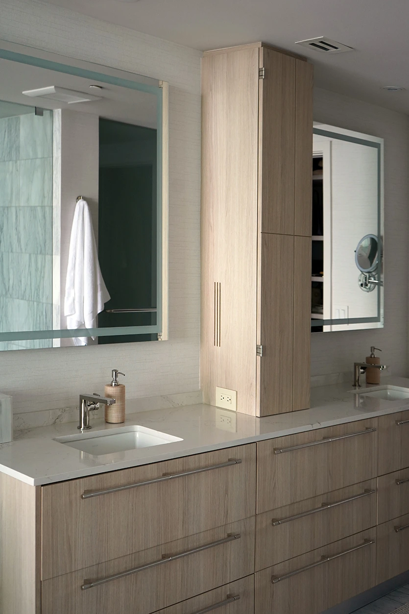 Tall storage tower in an open bathroom concept, One Paraiso Downtown Miami