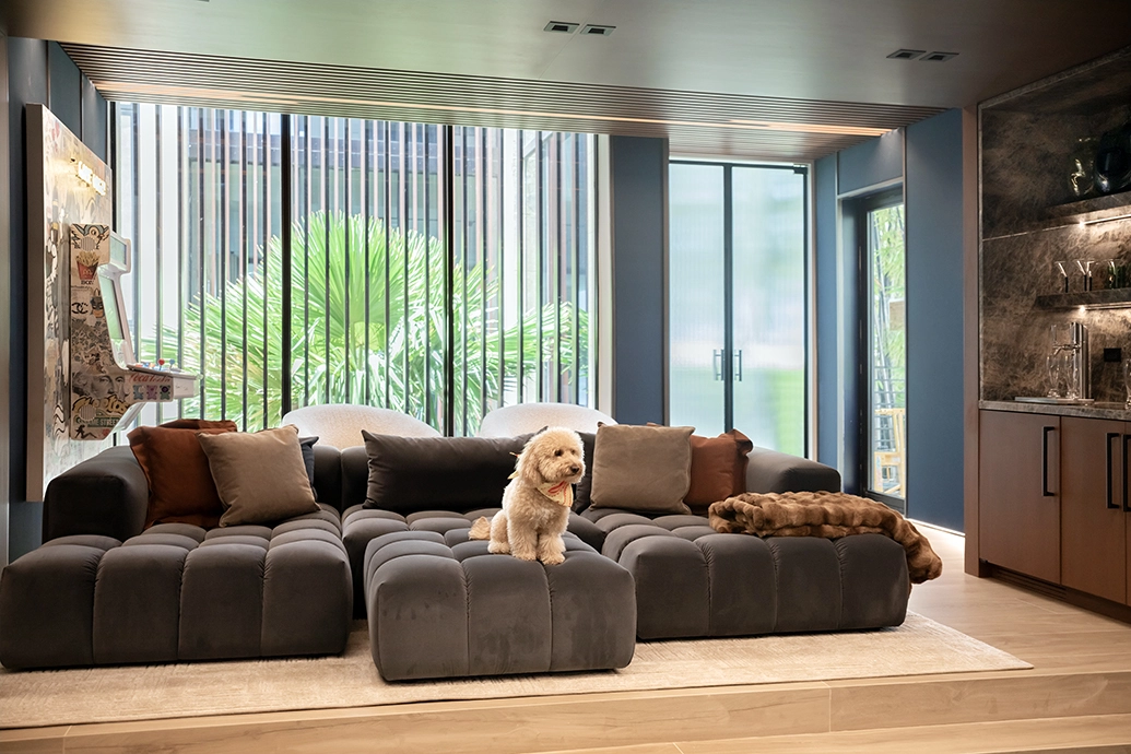 Custom Casa Dio sofa in a golf simulator lounge, Venetian Islands Miami Beach